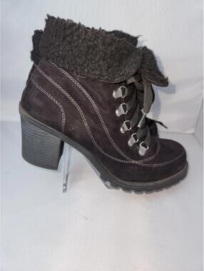 Jelly Pop Black Suede Lace-Up Ankle Boots with Faux Fur Cuff and Block Heel